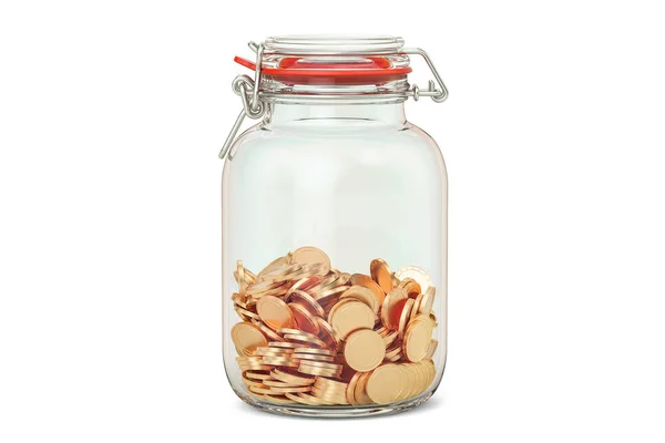 Glass jar with golden coins, 3D rendering — Stock Photo, Image