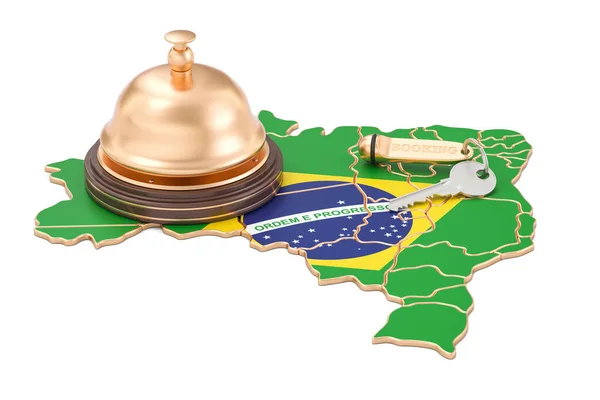 Koncept rezervace Brazílie. Brazilská vlajka s hotelových otevíracích a recept — Stock fotografie
