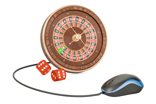 Conceito de casino online. Roleta com mouse de computador, renderin 3D — Fotografia de Stock