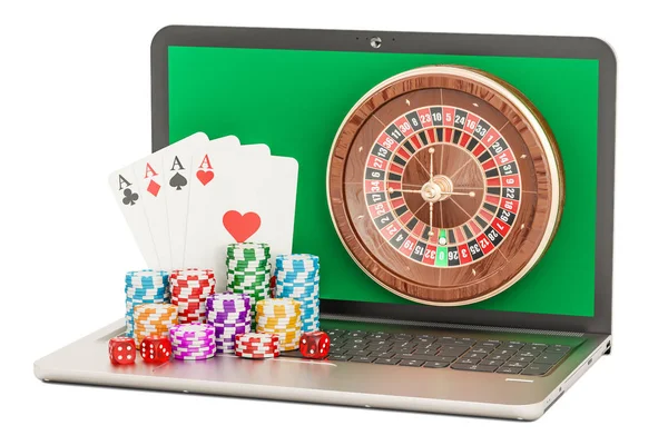 Online Casino koncept s notebookem, vykreslování 3d objektů — Stock fotografie