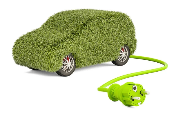 電気自動車充電のコンセプト。電気の pl を持つ草から車 — ストック写真