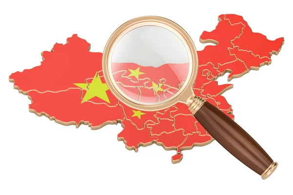 Cina sotto lente di ingrandimento, concetto di analisi, rendering 3D — Foto Stock