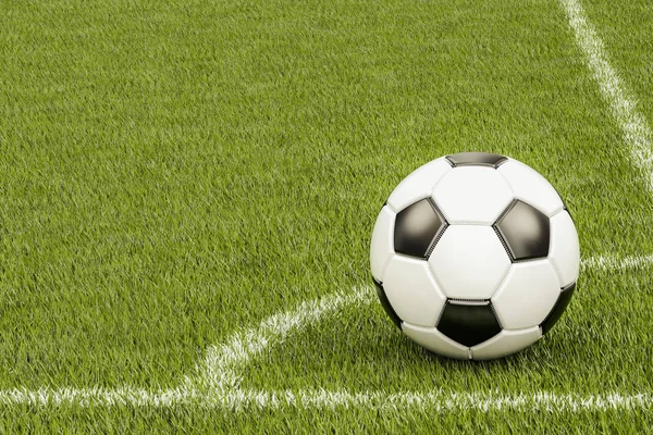 Футбольный мяч в углу футбольного поля, 3D рендеринг — стоковое фото