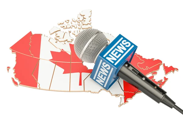 Canadese nieuws concept, microfoon nieuws op de kaart van Canada. 3D — Stockfoto