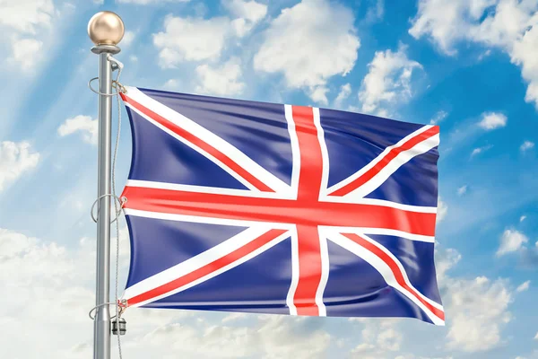 Bandera británica ondeando en el cielo azul nublado, representación 3D — Foto de Stock