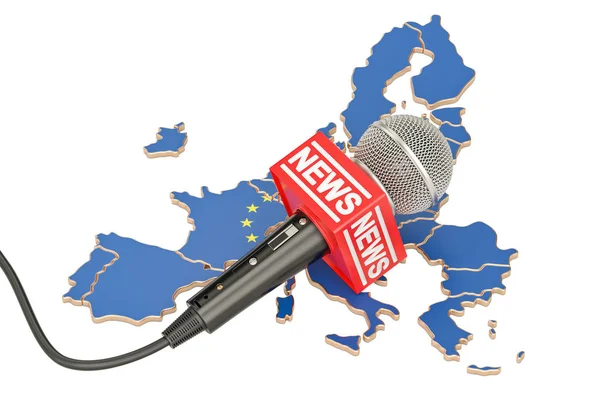 European News concept, microphone news on the map of EU. 3D rend — Stock Photo, Image