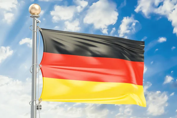 Drapeau allemand agitant dans un ciel nuageux bleu, rendu 3D — Photo