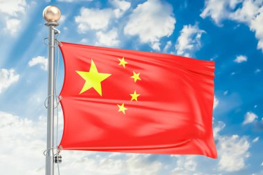 Çin bayrak mavi bulutlu gökyüzü, 3d render sallayarak