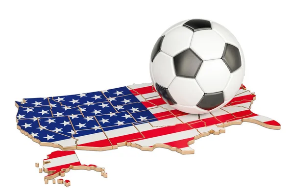 Μπάλα ποδοσφαίρου με χάρτη των ΗΠΑ concept, 3d rendering — Φωτογραφία Αρχείου