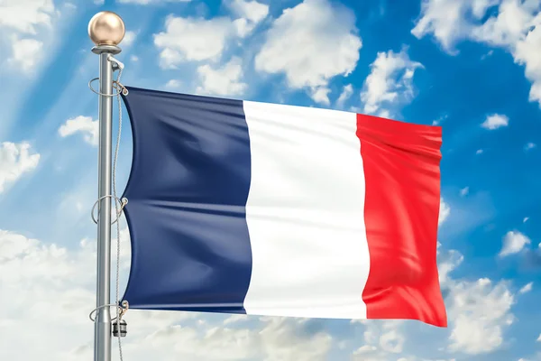 Bandera de Francia ondeando en el cielo azul nublado, representación 3D — Foto de Stock