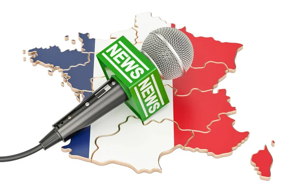 法国新闻概念，法国地图上的麦克风新闻。3d re — 图库照片
