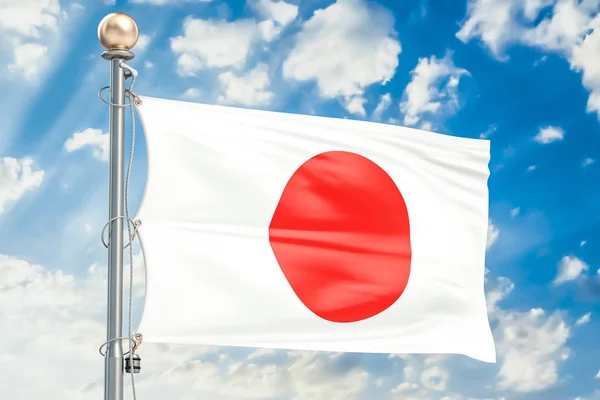 Bandiera giapponese sventola nel cielo blu nuvoloso, rendering 3D — Foto Stock