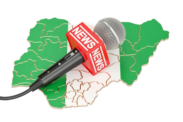 Koncepcja nigeryjski News, news mikrofon na mapie Hiszpanii. 3D r — Zdjęcie stockowe
