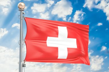 İsviçre bayrağı mavi bulutlu gökyüzü, 3d render sallayarak
