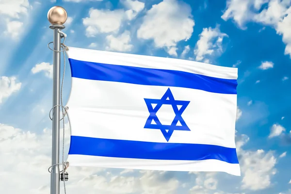 Bandeira israelense acenando no céu azul nublado, renderização 3D — Fotografia de Stock