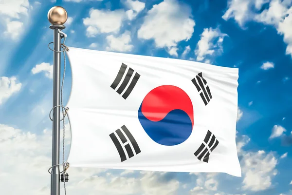 Mavi bulutlu gökyüzü, 3d render sallayarak Güney Kore bayrağı — Stok fotoğraf
