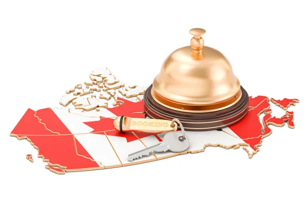 Canadá conceito de reserva. Bandeira canadense com chave de hotel e receptáculo — Fotografia de Stock