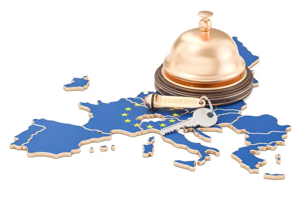 Концепция бронирования ЕС. Флаг Европейского Союза с ключом от отеля и регистрацией — стоковое фото