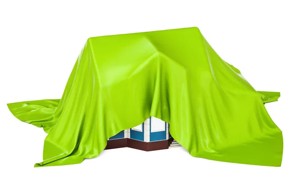 Casa cubierta de tela verde, representación 3D — Foto de Stock