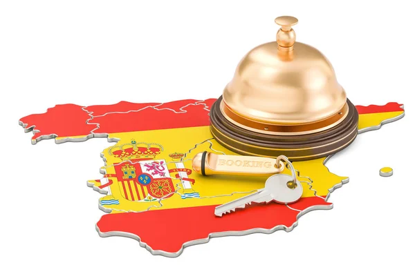 Conceptul de rezervare Spania. Drapel spaniol cu cheie de hotel și recepție — Fotografie, imagine de stoc
