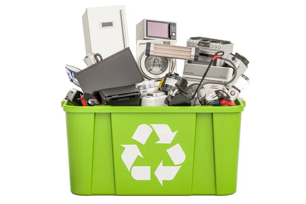 Recycling-Mülleimer mit Haushalts- und Haushaltsgeräten, 3D-Rendering — Stockfoto