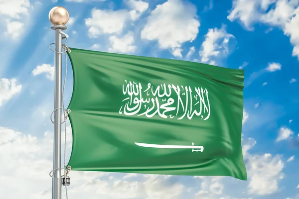 사우디아라비아 국기에 파란 흐린 하늘, 3d 렌더링 — 스톡 사진