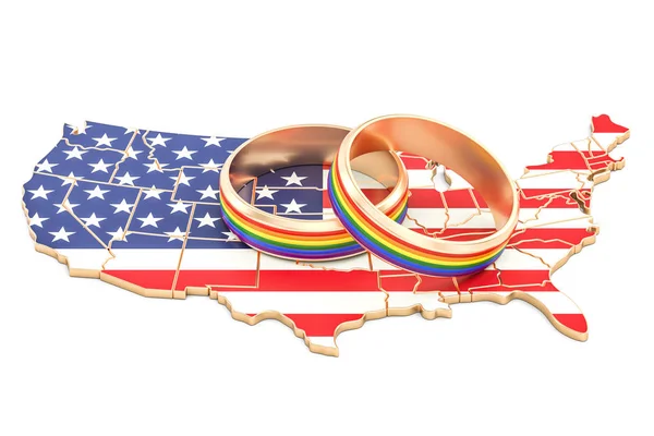 Mapa de Estados Unidos con anillos de arco iris LGBT, representación 3D — Foto de Stock