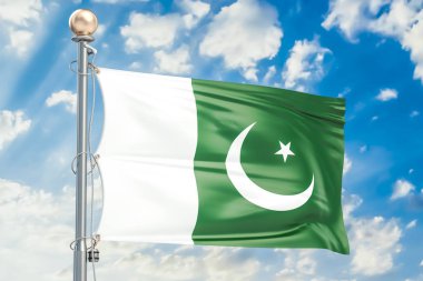 Pakistan bayrağı mavi bulutlu gökyüzü, 3d render sallayarak