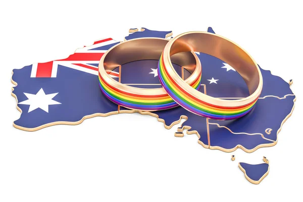 Australische Landkarte mit lgbt-Regenbogenringen, 3D-Darstellung — Stockfoto