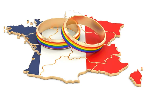 Mapa francés con anillos de arco iris LGBT, representación 3D — Foto de Stock