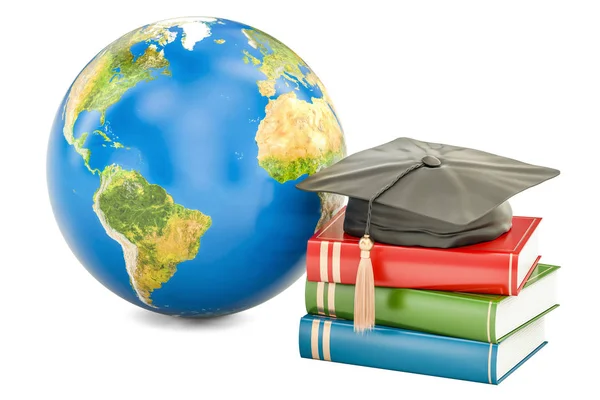 Concetto educativo globale, Terra con libri e cappello da laureato. 3D — Foto Stock