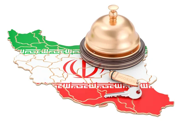 Conceito de reserva no Irão. Bandeira iraniana com chave de hotel e recepção — Fotografia de Stock