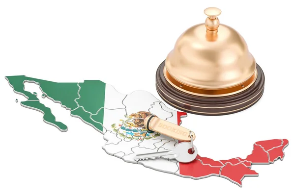 Conceito de reserva no México. Bandeira mexicana com chave de hotel e receptio — Fotografia de Stock