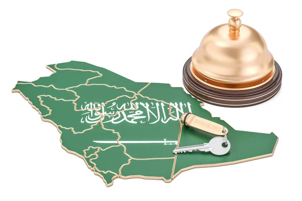 Arábia Saudita conceito de reserva. Bandeira da Arábia Saudita com chave de hotel a — Fotografia de Stock