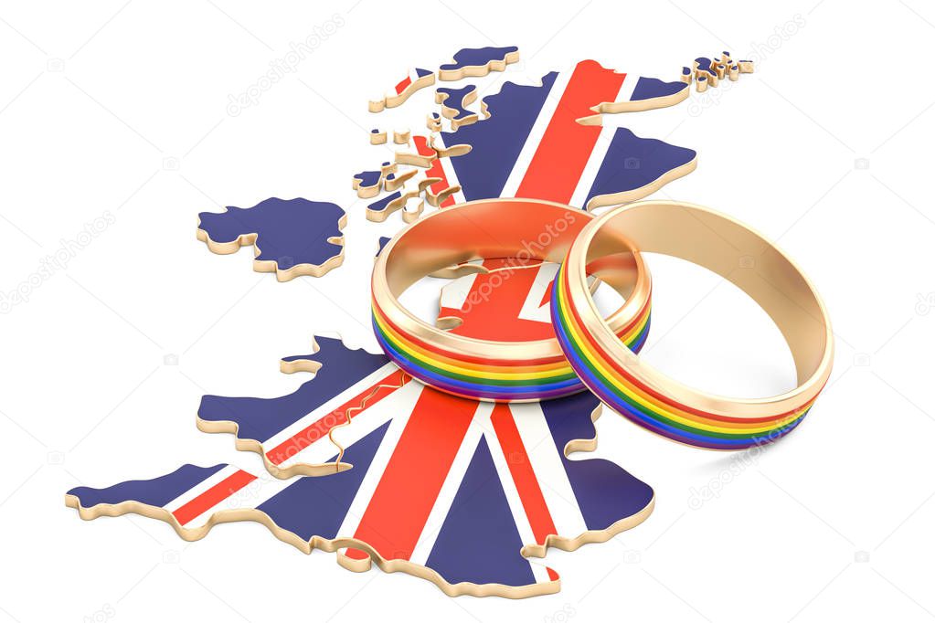 United Kingdom map with LGBT rainbow rings, 3D rendering