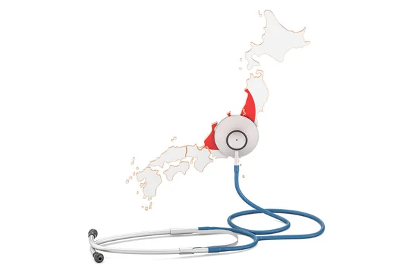 Mapa japonés con estetoscopio, concepto nacional de salud, 3D — Foto de Stock