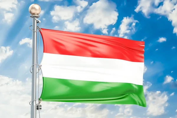 Magyar zászló integet a kék felhős ég, 3d-leképezés — Stock Fotó