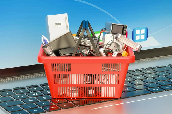 Conceito de compras online com laptop e cesta de compras cheia de — Fotografia de Stock