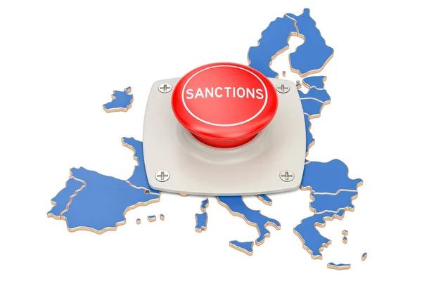 Κουμπί κυρώσεις στον χάρτη της Ευρωπαϊκής Ένωσης, 3d rendering — Φωτογραφία Αρχείου
