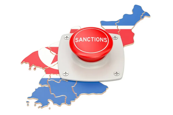 Sanctions button on map of North Korea, 3D rendering — Stock Photo, Image