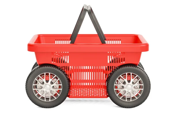 Cesta de la compra con ruedas, compras y concepto de entrega. 3D r —  Fotos de Stock