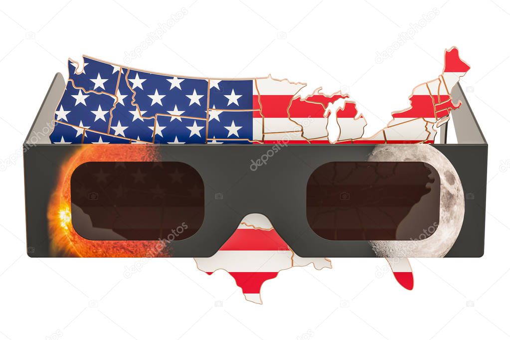 Solar Eclipse in USA concept, American map with solar eclipse gl