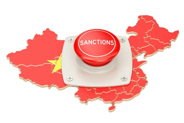 Sanctions button on map of China, 3D rendering — Stock Photo, Image