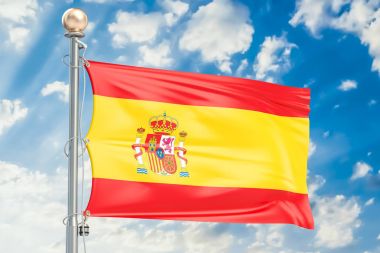 İspanyol bayrağı mavi bulutlu gökyüzü, 3d render sallayarak