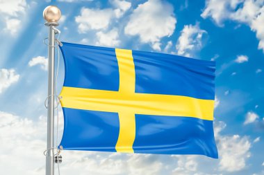 İsveç bandıralı mavi bulutlu gökyüzü, 3d render sallayarak