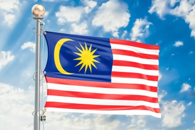 Malezya bayrak mavi bulutlu gökyüzü, 3d render sallayarak