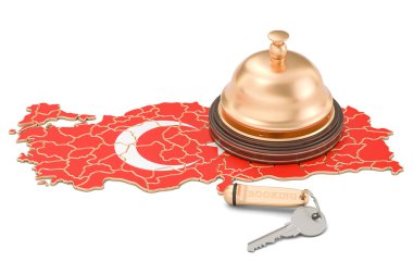 Türkiye'de rezervasyon kavramı. Türk bayrağı ile otel anahtar ve receptio
