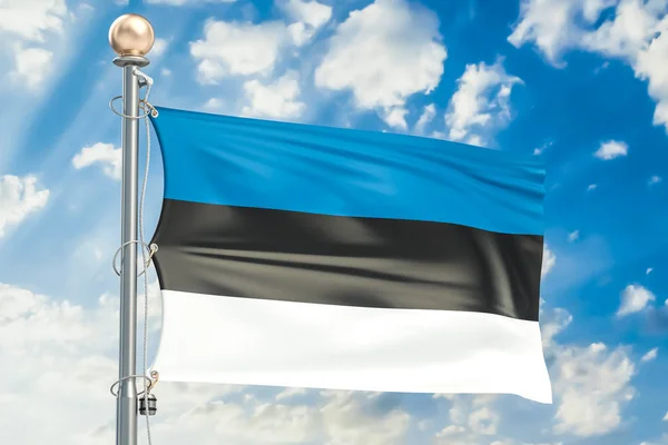 Estonská vlajka mávání v modré oblohy jasno, vykreslování 3d objektů — Stock fotografie