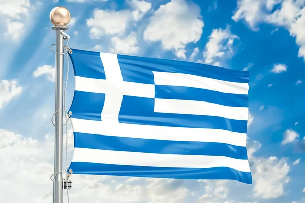 Греческий флаг, размахивающий в голубом облачном небе, 3D рендеринг — стоковое фото