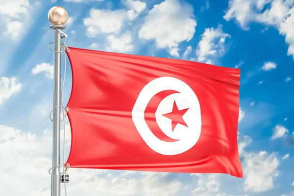 チュニジアの国旗は青い曇り空、3 d レンダリングで手を振っています。 — ストック写真